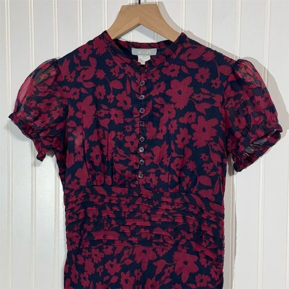 VTG dELiA*s Floral Midi Dress 90s Y2K Puff Sleeve Flare Navy Red S Ruched Waist - Picture 2 of 9